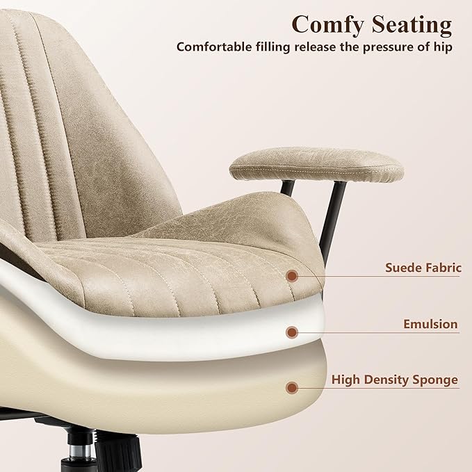 Mid Century Modren Office Chair,Mid Back Ergonomic Executive Chair with Lumbar Support, Computer Desk Swivel Task Chair with Wheels, Faux Lether Suede Fabric Home Chair (Beige)