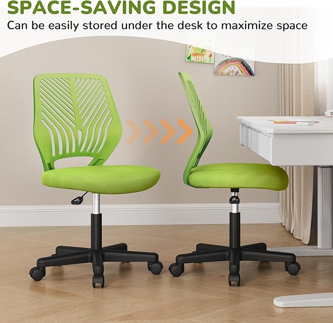 Yaheetech Kids Cute Desk Chair Armless Small Computer Chair with Lumbar Support for Teens Low-Back Bedroom School, Green