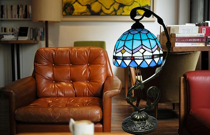 Tiffany Lamp,21x11x8inches Blue Stained Glass Lamp,Tiffany Style Table Lamp with Three-Color Dimming for Bedside Table,Dining Table,Antique Office