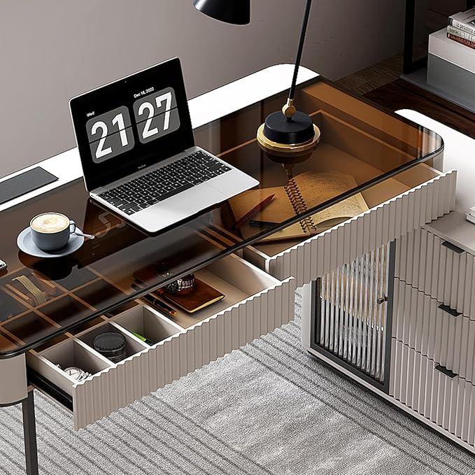 Lartis Office Desk, Very Easy to Assemble, Computer Desk, Home Telescopic Writing Desk, Modern Computer Desk with Retractable Cabinet Built-in LED Lights (Ivory, 50 in)