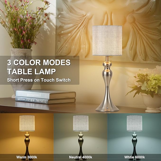 Table Lamp for Bedroom, Cordless Bedside Lamps for Living Room, Touch 3-Way Dimmable Desk Lamp for Night Stands, Rechargeable, Battery Operated Lamp with Fabric Shade for Dorm, Home Office (Nickel)