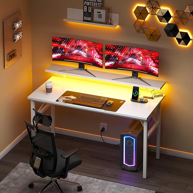 sogesfurniture 47 inch Computer Desk with LED Lights & Power Outlets, Folding Desk with Monitor Shelf, Wide Folding Table Writing Desk Foldable Home Office Desk, White