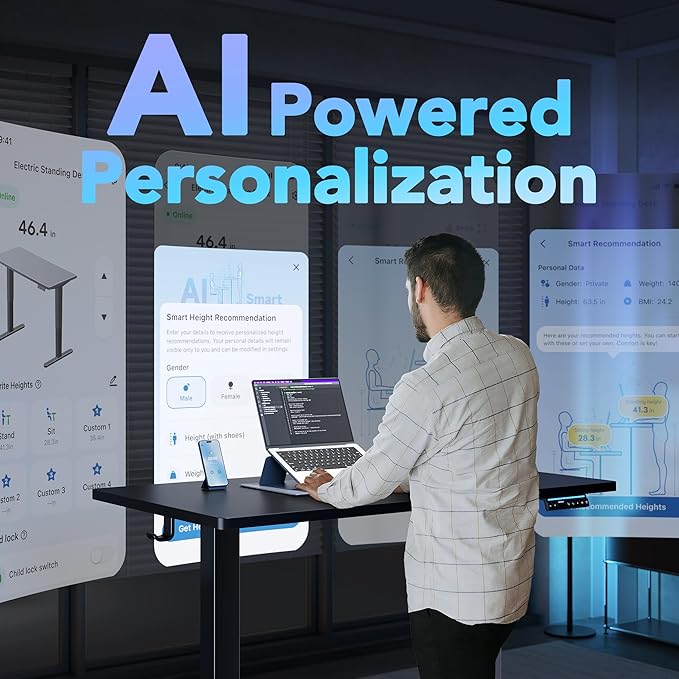 HUANUO One-Piece AI-Powered Electric Standing Desk, Smart APP, Work with Alexa & Google, Adjustable Height, 6 Memory Settings, Sedentary Reminder, Ergonomic Sit-Stand Desk, 48-inch, Black