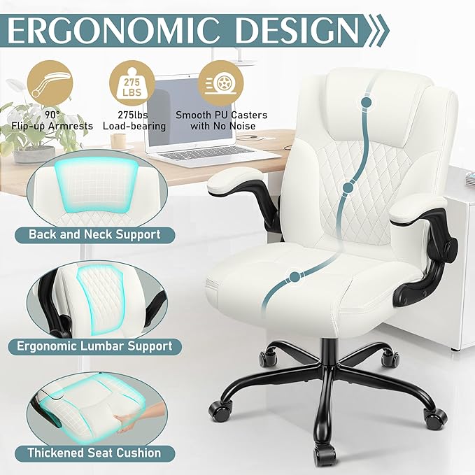 Leather Office Chair, PU Home Computer Desk Chairs with Ergonomic Back Support, 360° Swivel Free,Small Gmaing Chair with Wheels and Adjustable Armrests, for Short People Use, White