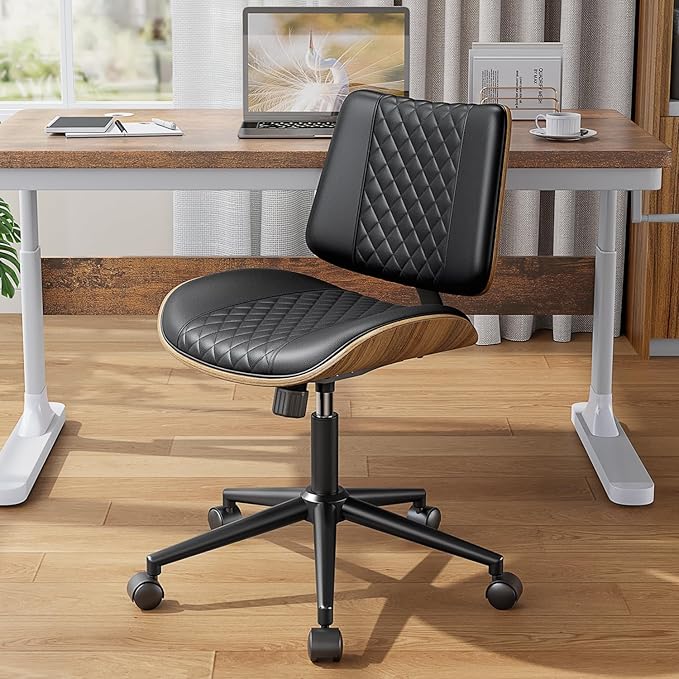 Home Office Chair with Wheels, Armless Desk Chair Adjustable Height with Lumbar Support, Swivel Rolling, Modern Walnut Backrest for Office, Small Space, Black, Lozenge Pattern