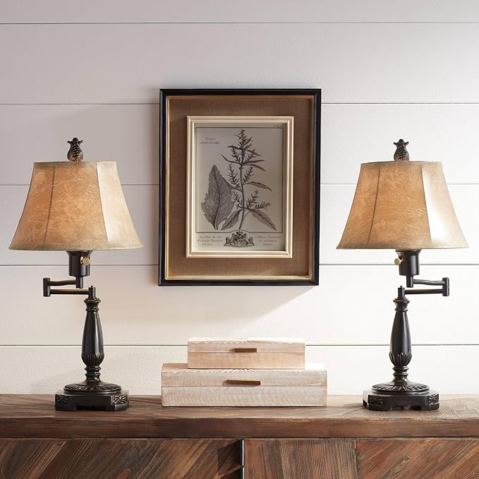 Regency Hill Traditional Rustic Natural Cottage Swing Arm Desk Table Lamps 22.5" High Set of 2 Bronze Brown Faux Leather Bell Shade Decor Living Room Bedroom House Bedside Nightstand Home