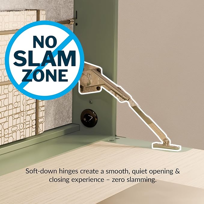 Vari Hide-Away Wall Mounted Floating Desk - 32” Foldable Murphy-Style Desk for Bedroom, Dorm, Apartment + Cable Ports, Bungee Storage, Shelf, 100 Lb Capacity + Simple Assembly (Seafoam/Light Wood)