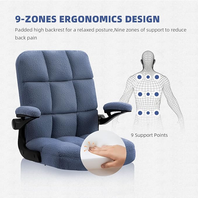 SEATZONE Blue Office Chair with Wheels,Ergonomic Home Office Computer Chair with Flip-up Armrest,Comfy Adjustable Rolling Chair Teddy Fleece