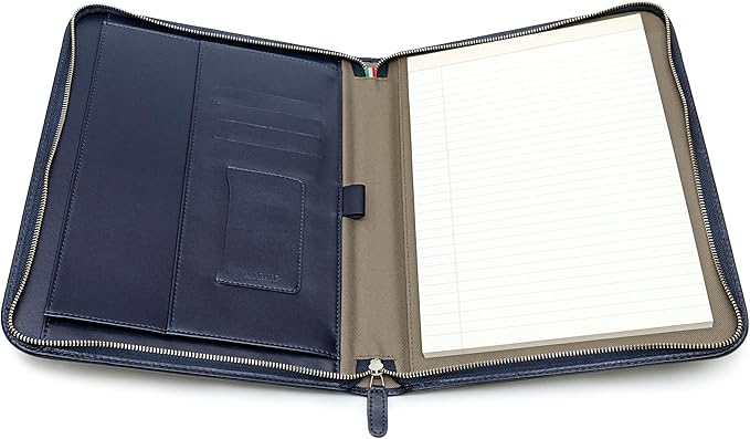Maruse Premium Leather Portfolio Padfolio - Executive Folio for Men and Women with Zipper, Folio Document Organizer, Laptop Sleeve, iPad Case and Folder - Made in Italy, Navy Blue