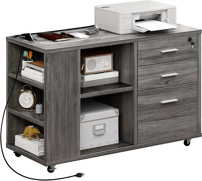 YITAHOME File Cabinet with Charging Station, Mobile Lateral Filing Cabinet with Lock for Home Office, Printer Stand with Open Storage Shelf, Fits A4, Letter, Legal Size Files, Office Furniture, Grey