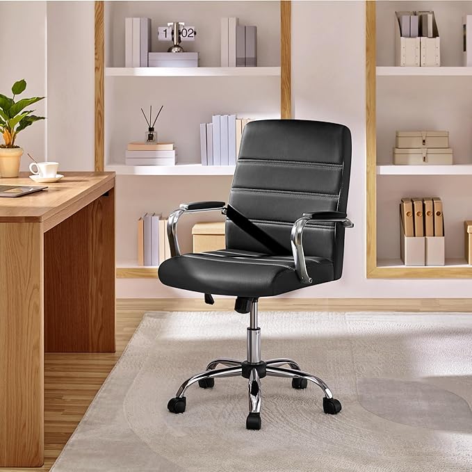 Yaheetech Managerial Executive Chairs Office Task Chair Mid-Back PU Leather Ergonomic Computer Desk Chair w/Lumbar Support Swivel Wheels Thick Padding Seat for Home Office, Black
