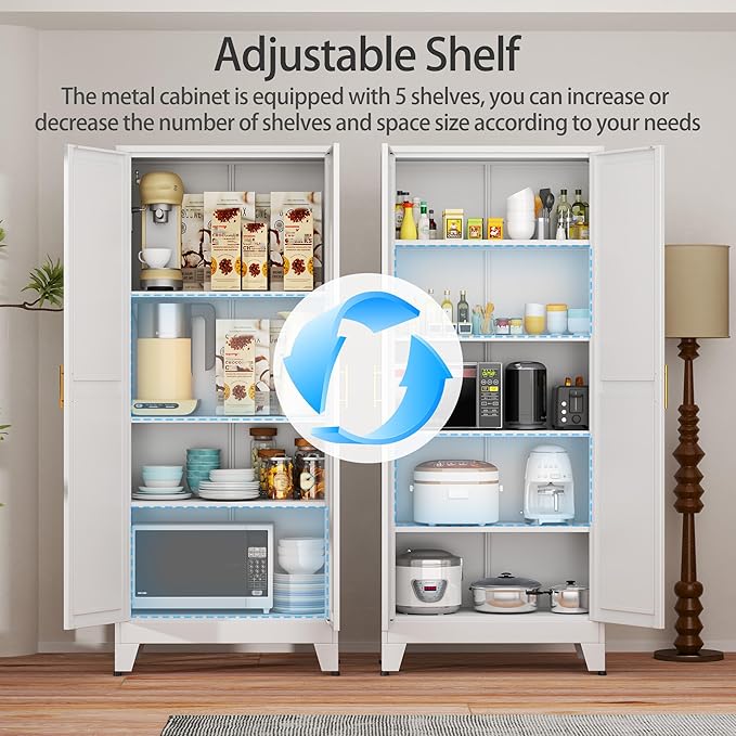 White Metal Storage Cabinet,75" Steel Cabinets for Home Office, Kitchen Pantry Storage Cabinet with Doors and 5 Adjustable Shelves, Tool Cabinets, for Office, Home, Garage, School