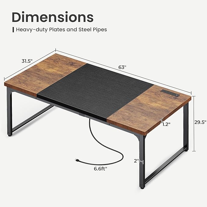 Huuger 63 x 31.5 inch Desk with Power Outlets & USB-C, 1.2 Inch Thicker Desktop, Robust Metal Tubes, Deep Computer Desk, Heavy Duty Office Desk, Work Desk, Rustic Brown and Black