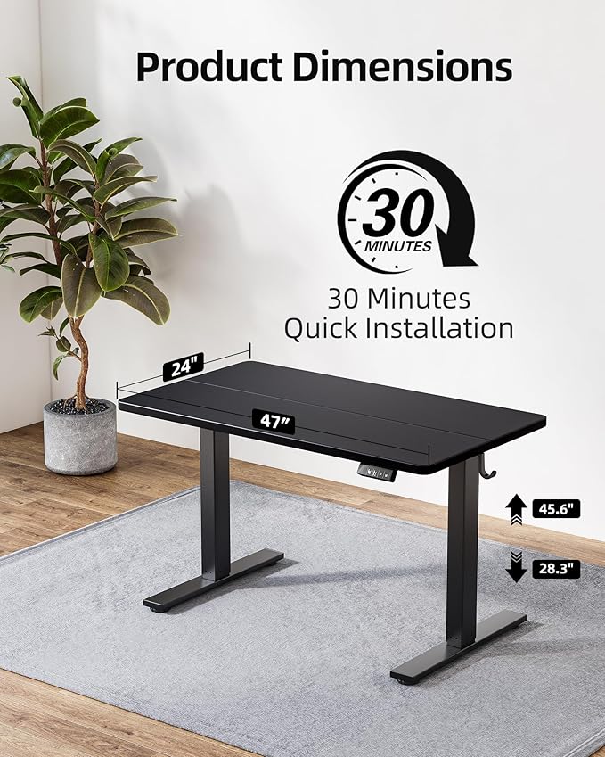 TIQLAB Standing Desk 47 x 24 inch, Electric Height Adjustable Desk with Splice Board, Stand Up Desk, Sit Stand Computer Desk for Home Office, Black Frame/Black Top