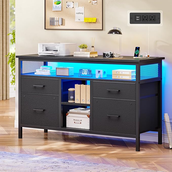 4 Drawer Lateral File Cabinet, Filing Cabinet with Outlet and LED Light, Printer Stand, Open Storage Shelf, Fabric Lateral Filing Cabinet for A4/Letter, for Home Office, Black