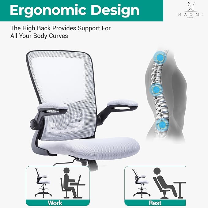 Serena Ergonomic Mesh Drafting Chair - Adjustable, Breathable Mesh, Lumbar Support, Ergonomic and Height Adjustable Flip-Top Office Chair with Foot Ring and Productivity - White