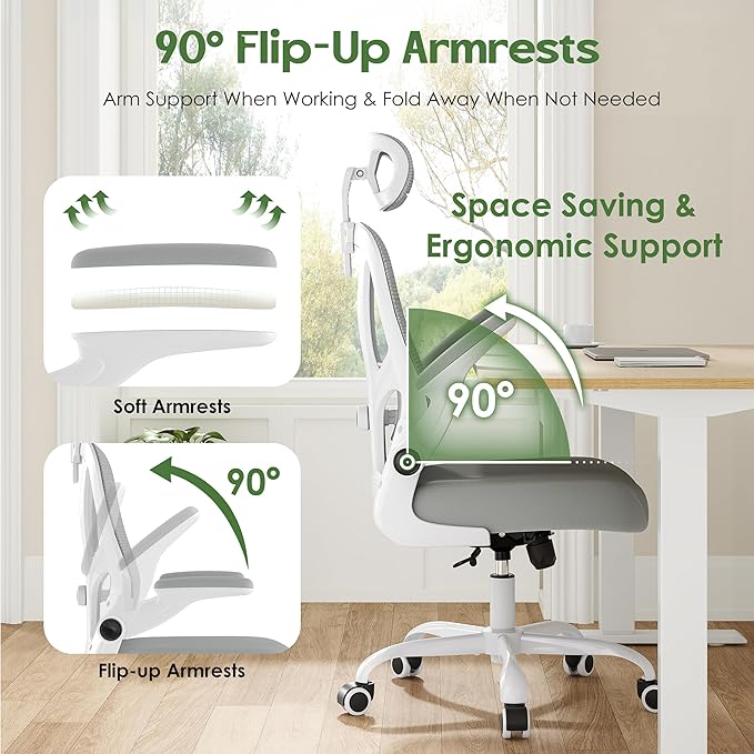 Office Chair Ergonomic Desk Chair - Mesh High Back Office Chair with Headrest Wheels Lumbar Support Home Desk Office Chairs Flip up Armrest Executive Rolling Swivel Task Computer Chair White