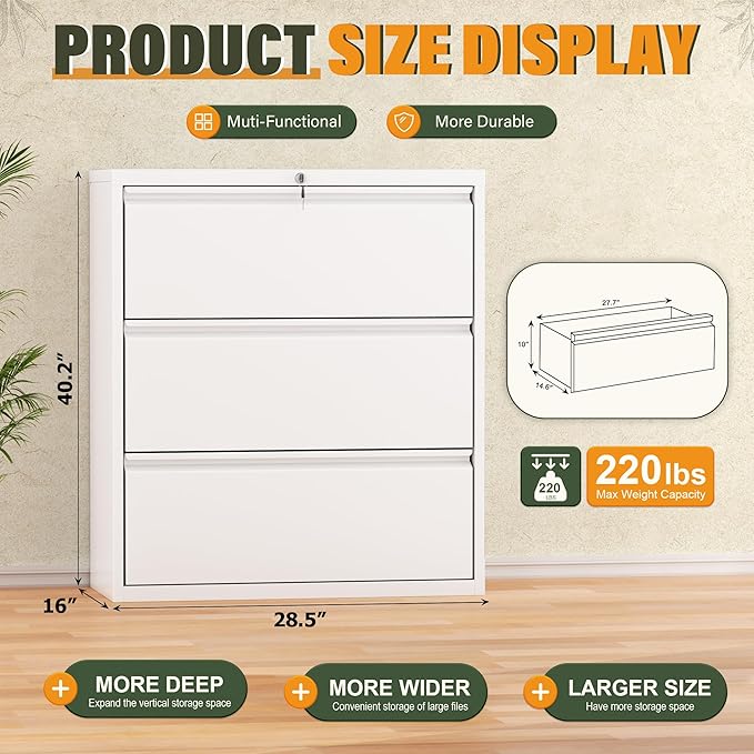 Greenvelly 3 Drawer Lateral File Cabinet with Lock, White Filing Cabinet for Home Office, Locking Metal File Cabinet for Legal/Letter/A4/F4 Size with Hanging Bars&Key