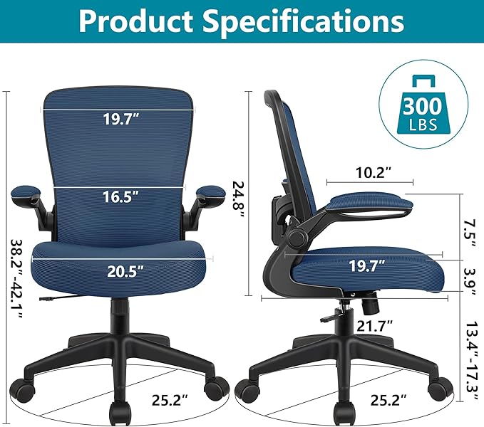 FelixKing Office Chair, Ergonomic Desk Chair Breathable Mesh Chairs Adjustable High Back Lumbar Support Flip-up Armrests, Executive Rolling Swivel Comfy Computer Chairs Home Office Navy
