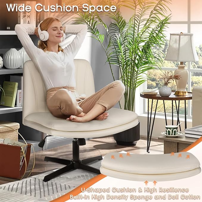 PUKAMI Criss Cross Legged Office Chair,Armless Office Desk Chair No Wheels,PU Leather Modern Swivel Vanity Chair,Height Adjustable Wide Seat Mid Back Computer Task Chair for Home Office