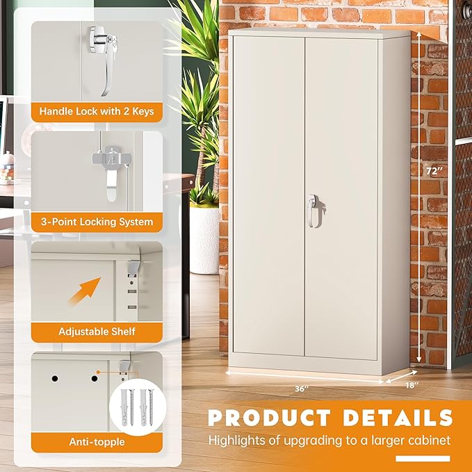 Greenvelly Steel SnapIt Storage Cabinet 72" Locking Metal Storage Cabinet with 4 Adjustable Shelves, Lockable Metal Organization with 2 Doors and Lock for Office, Garage, Home (Grey)