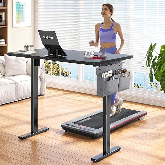 EnHomee 55 x 24 Inches Electric Standing Desk with Light Strip, Stand up Desk with Memory Preset, Height Adjustable Desks for Work Home Office, Computer Desks with Detachable Side Mount Pocket, Black