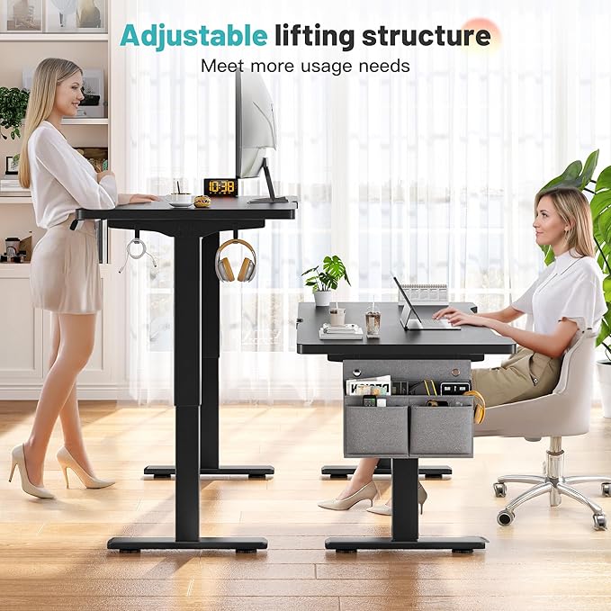 EnHomee 55 x 24 Inches Electric Standing Desk with Light Strip, Stand up Desk with Memory Preset, Height Adjustable Desks for Work Home Office, Computer Desks with Detachable Side Mount Pocket, Black