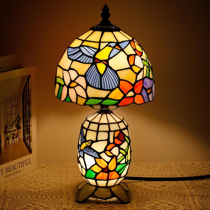 Small Tiffany Lamp Stained Glass Table Lamp Mini Mother Daughter Vase Desk Accent Light for Bedroom Bedside Reading Home Antique Style Decor 8X14 Inches (Hummingbird)