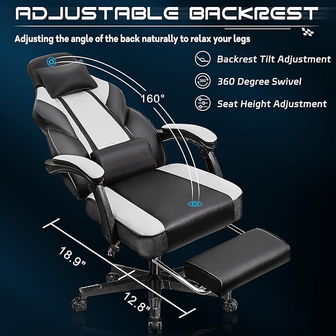 Meilocar Gaming Chair with Footrest, Video Game Chair for Adults Ergonomic Big and Tall Computer Chairs with Massage Lumbar Support 330lbs Weight Capacity, 360° Swivel Seat (White)