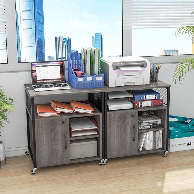 LOKO Rolling File Cabinet with Charging Station, Mobile Lateral Filing Cabinet with Lock, Adjustable Shelf, Metal Frame, Modern Printer Stand on Lockable Wheels for Home Office, Small Space (Grey)