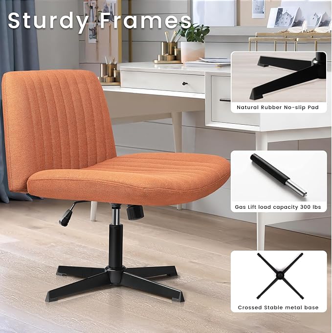 PUKAMI Criss Cross Chair,Armless Cross Legged Office Desk Chair No Wheels,Fabric Padded Modern Swivel Height Adjustable Mid Back Wide Seat Computer Task Vanity Chair for Home Office(Brown)