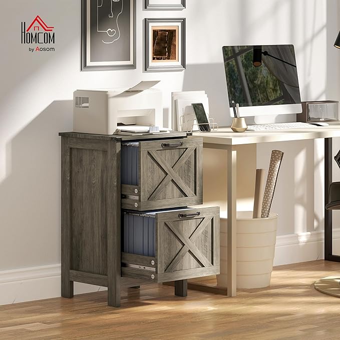 HOMCOM 2 Drawer Vertical File Cabinet with Silent Slides, Rustic Farmhouse Filing Cabinet with Barn Doors for A4/Letter Size, Printer Stand with Storage for Home Office, Distressed Gray