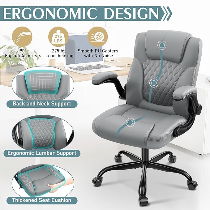 Leather Office Chair, PU Home Computer Desk Chairs with Ergonomic Back Support, 360°Swivel Free,Small Gaming Chair with Wheels and Adjustable Armrests, for Short People Use, Gray