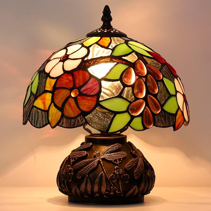 Small Tiffany Table Lamp Brown Grape Style Stained Glass Desk Lamp 10X11.5 Inch Mushroom Table Light for Office Home Living Room Bedroom