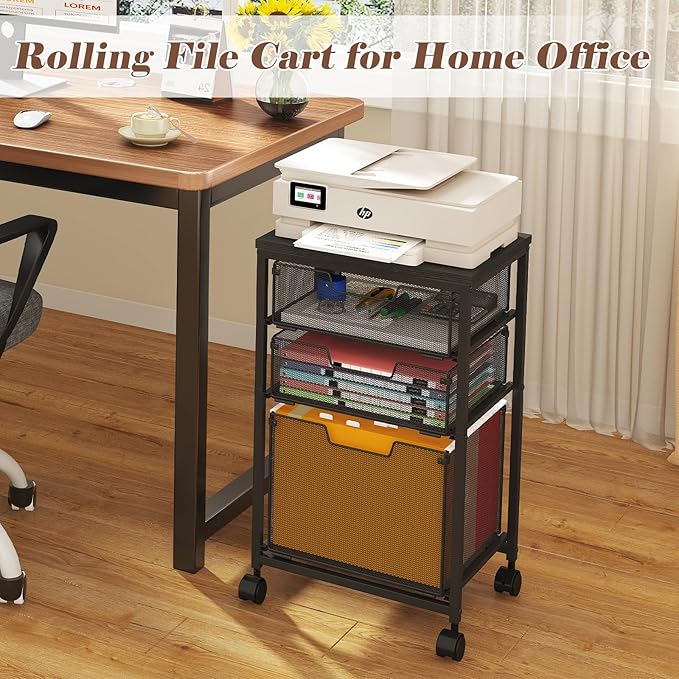 Rolling File Cart with 3 Drawers, Mobile Filing Cabinet for Home Office, Under Desk Storage Organizer with Wheels, Hanging Folder Holder Utility Cart Printer Stand, Black