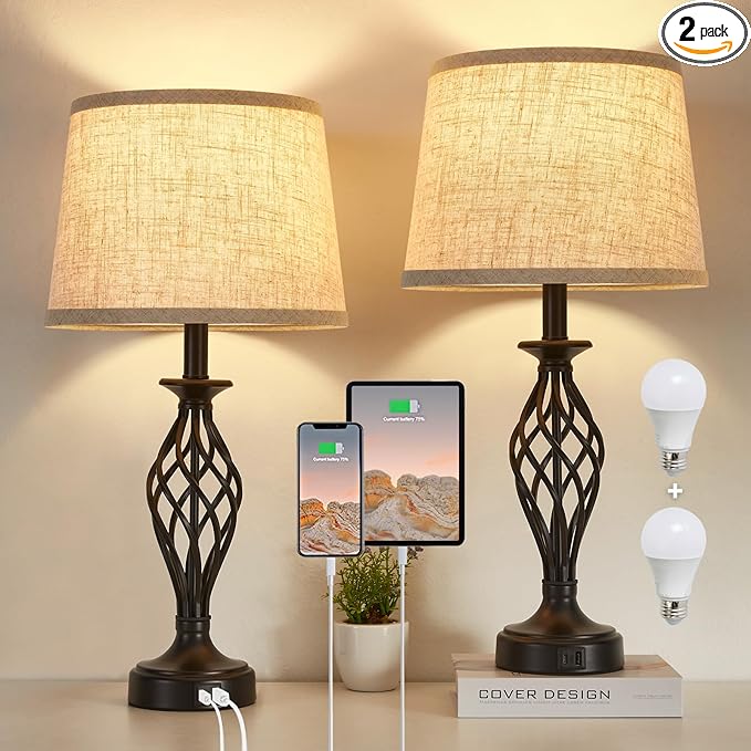 Table Lamp for Bedroom Set of 2 with USB C+A Ports, Modern Bedside Lamps with Spiral Cage Base, Fabric Shade, Nightstand Lamp for Living Room Reading Bed Side End Table, 2 LED Bulbs Included Black
