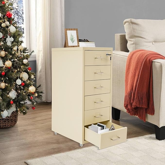 TFCFL Mobile File Cabinet 6 Drawer Vertical File Cabinet with Wheels Metal File Cabinet with Lock for Home Office, 11" D x 16" W x 27" H (Beige)
