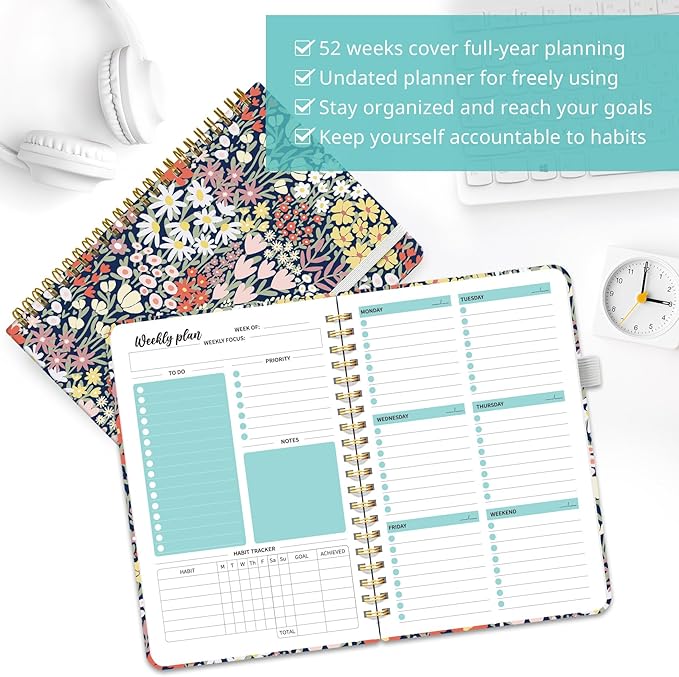 Undated Weekly Planner, Weekly To Do List Notebook with Goal & Habit Tracker Organizer, A5 Weekly Planner Notebook with Spiral Binding, 6.1" x 8.2" - Petite Blooms