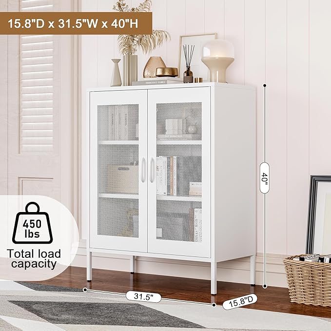 White Metal Storage Cabinet with Mesh Doors, Small Office Storage Cabinet with 2 Adjustable Shelves, Accent Metal Locker Storage Cabinet for Home, Office, Living Room, Hallway