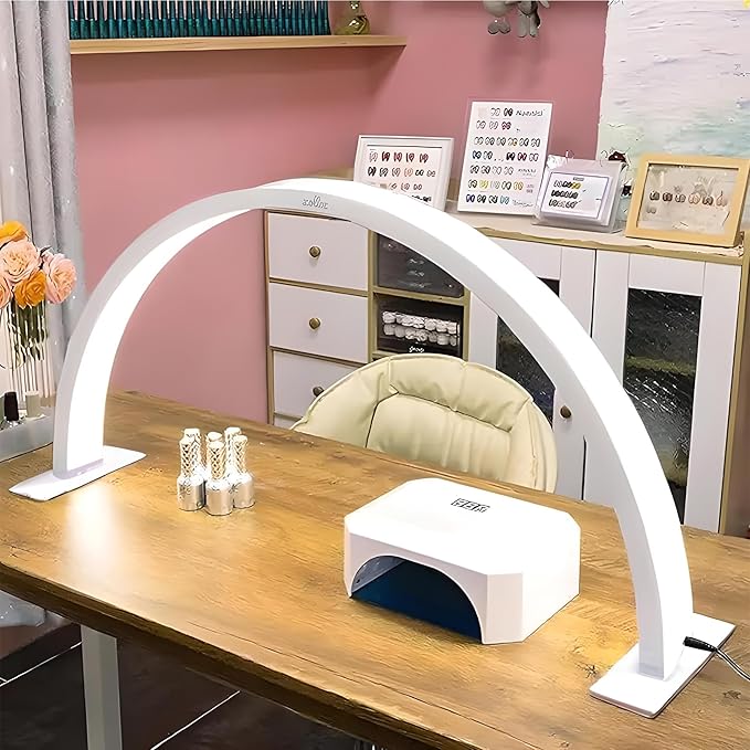 Half Moon Nail Desk Lamp – 3360 Lumen LED Light for Nail Techs, Tattoo & Lash Work, Moon Light for Desk – Sleek White Design, Button Control