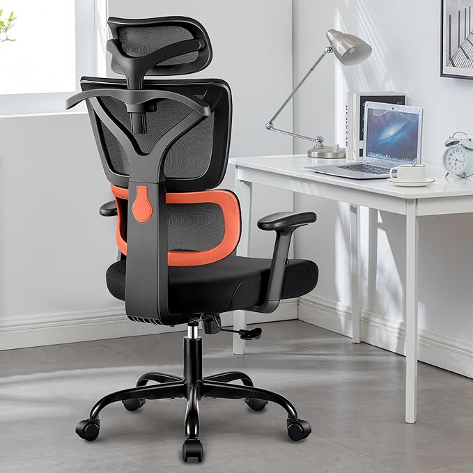 Winrise Office Desk Chair - Ergonomic High Back Reclining Gaming Chair with Breathable Mesh, Lumbar Support, Adjustable Armrests (Big and Tall - Orange)