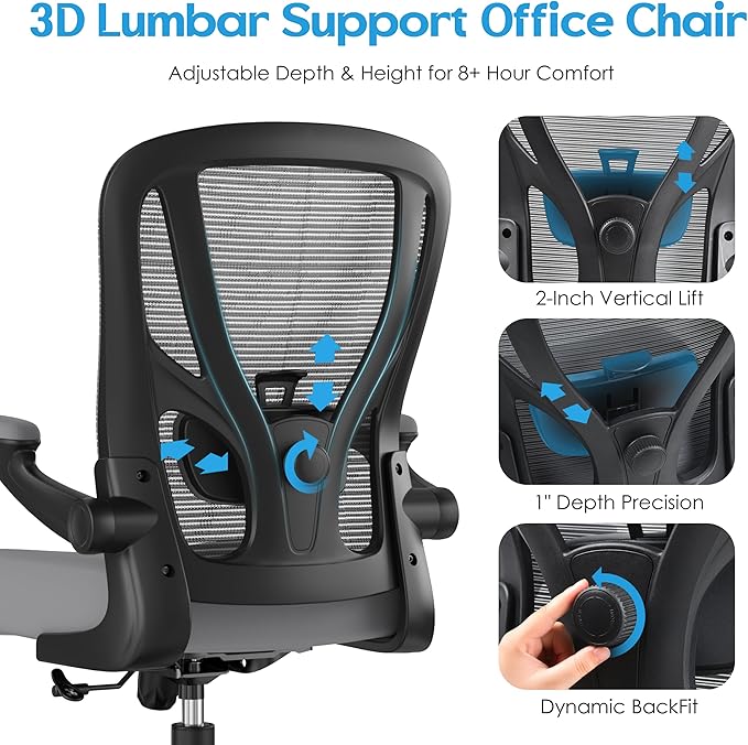 Office Chair Ergonomic Desk Chair - Mesh Computer Chair Breathable Task Chair with Wheels Adjustable Lumbar Support Home Desk Office Chairs with Flip up Armrest Executive Rolling Swivel Gray