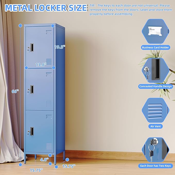 Metal Locker with Hooks and Ventilation Holes,Metal Storage Locker with Keys and Business Card Slof for Home,Gym,Garage,School,Office,66" H×15.75" W× 15.75" D,Assembly Required,Blue