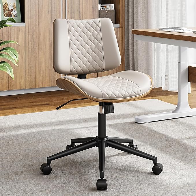 Home Office Chair with Wheels Set of 2, Armless Desk Chair Adjustable Height with Lumbar Support, Swivel Rolling, Modern Walnut Backrest for Office, Small Space, Beige, Lozenge Pattern