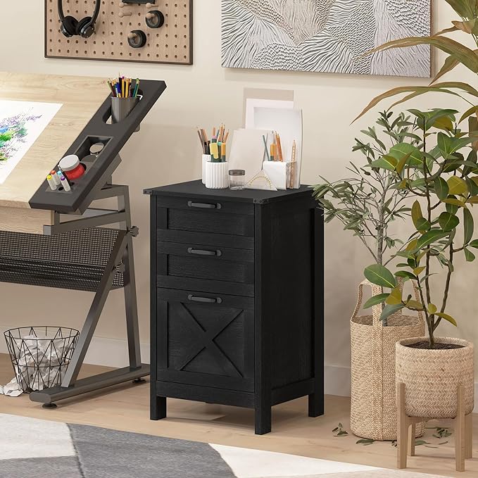 HOMCOM 3 Drawer File Cabinet with Silent Slides, Vertical Filing Cabinet for Hanging A4/Letter Size, Rustic Farmhouse Printer Stand with Storage for Home Office, Distressed Black