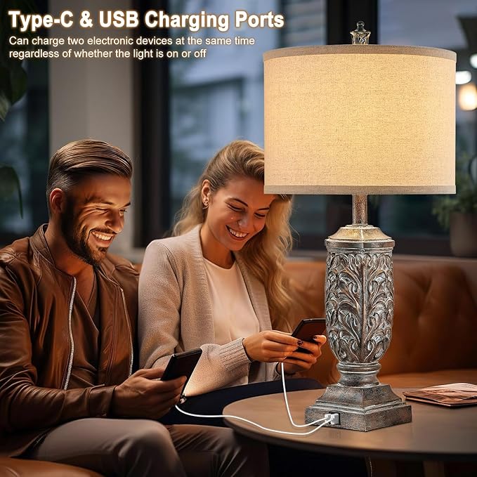 Set of 2 Farmhouse Table Lamps for Living Room, Rustic Vintage Bedside Nightstand Lamp with USB A+C, 28.5" Tall Bronze Leafwork Resin Lamps for Bedroom End Table, Rotary Switch