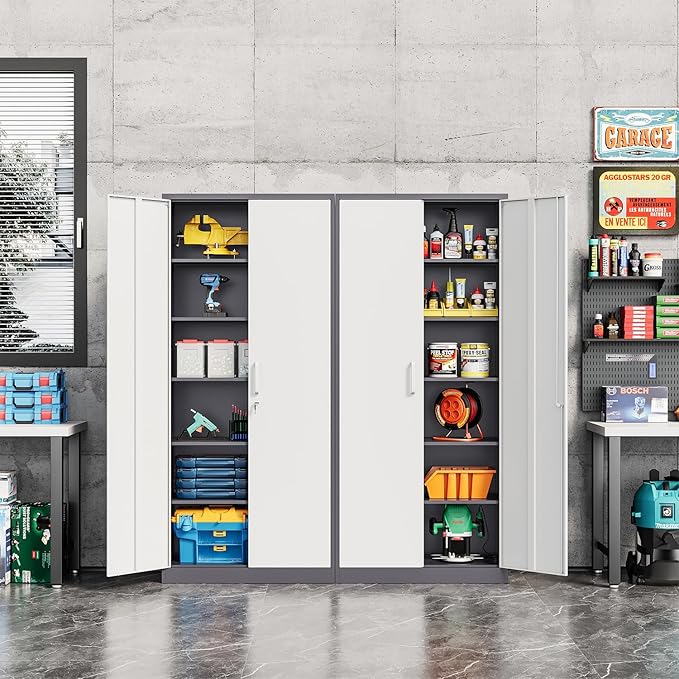 Metal Storage Cabinet-72” Tall Steel File Cabinets with Lockable Doors and 5 Adjustable Shelves-Gray&White Steel Storage Cabinet for Home, School, Office, Garage