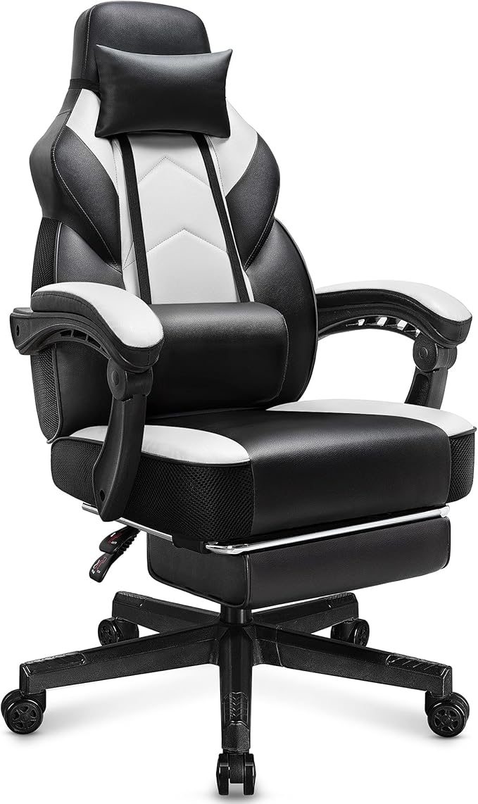 Meilocar Gaming Chair with Footrest, Video Game Chair for Adults Ergonomic Big and Tall Computer Chairs with Massage Lumbar Support 330lbs Weight Capacity, 360° Swivel Seat (White)