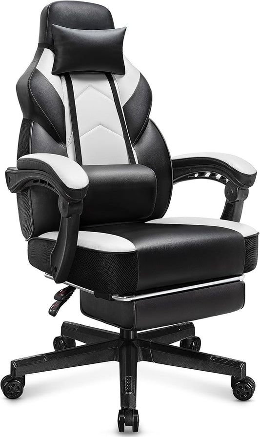 Meilocar Gaming Chair with Footrest, Video Game Chair for Adults Ergonomic Big and Tall Computer Chairs with Massage Lumbar Support 330lbs Weight Capacity, 360° Swivel Seat (White)