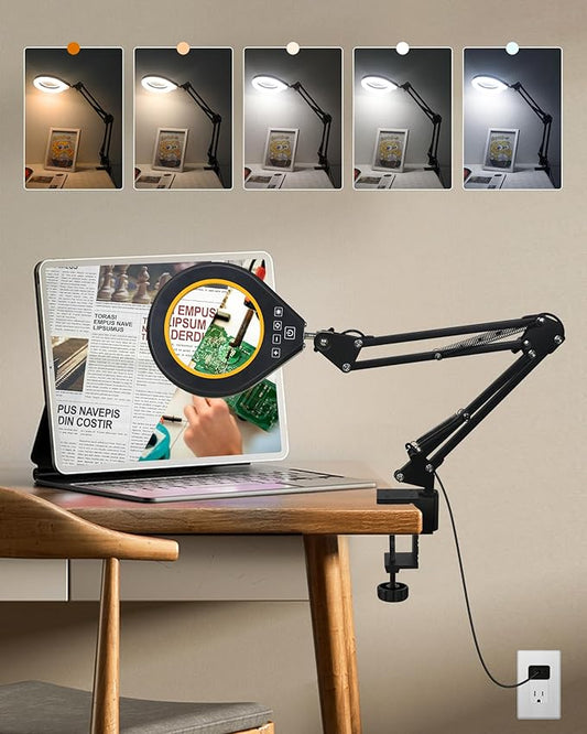 Magnifying Glass with Light, 10X & 5X Real Glass & Anti-Glare Lens, 5 Color Mode Stepless Dimmable LED Desk Magnifying Lamp, Hands-Free Desk Lamp with Clamp for Crafts Reading Repair Hobby (yellow)